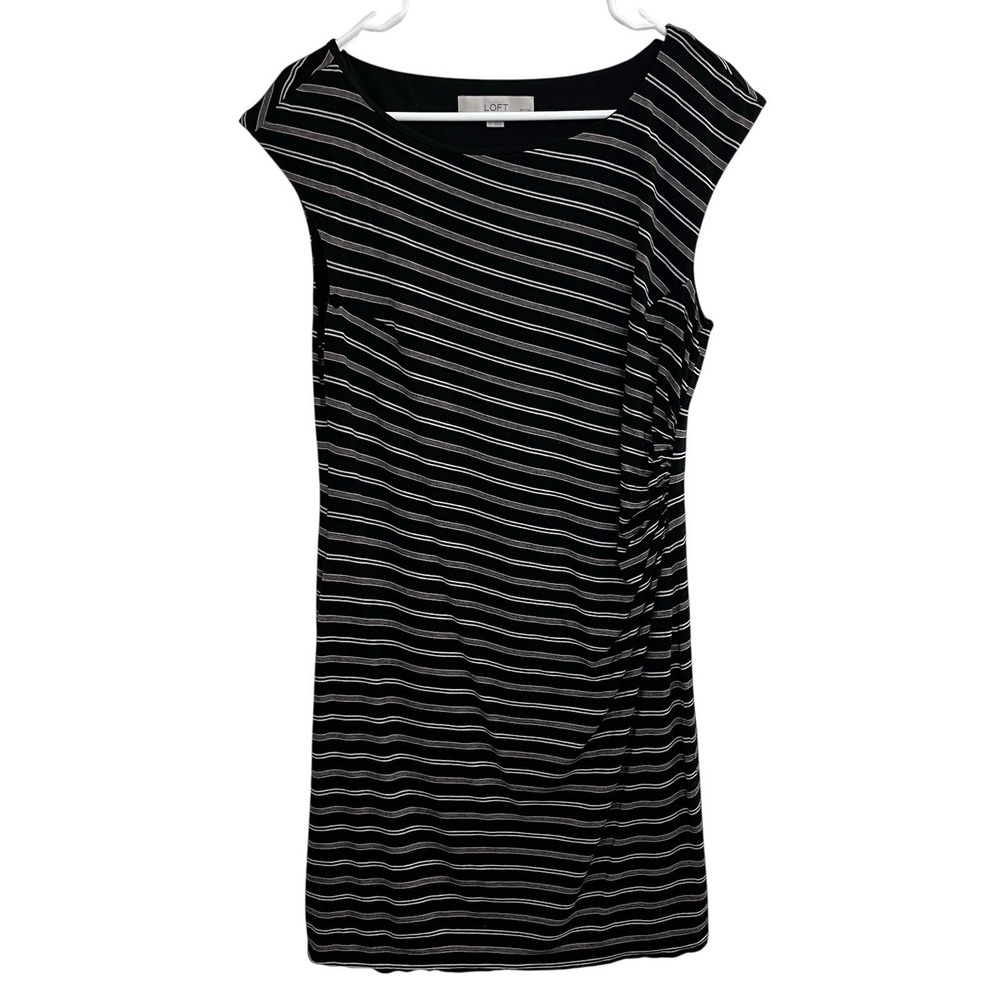 LOFT Ann Taylor Striped Dress Women Sz LP Sleeveless Lined Black Grey Stripe